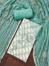 Blue and White Floral Cotton Banarasi Handwork Unstitched Suit